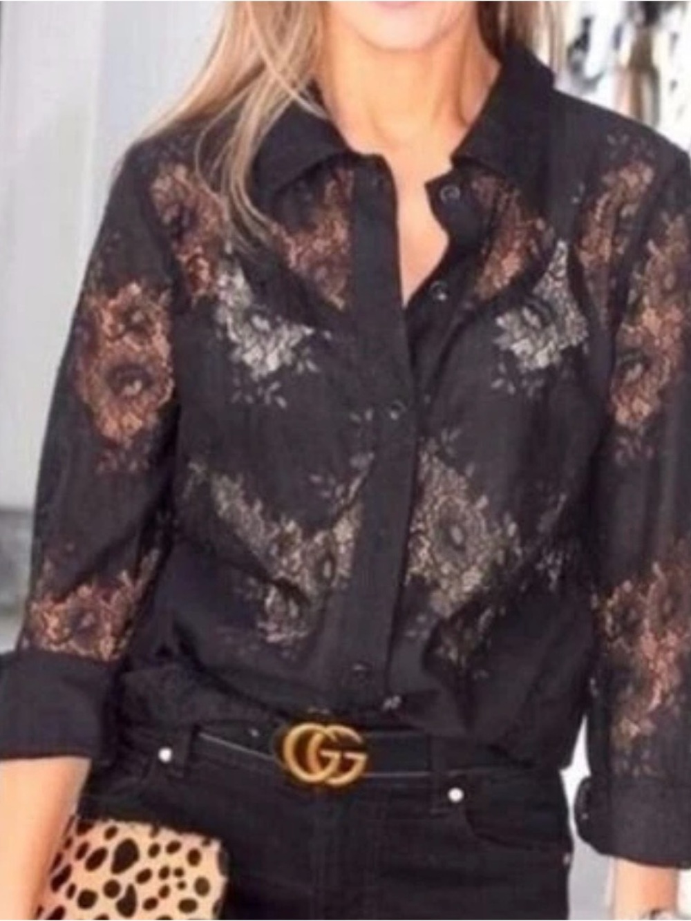 CAbi St. Regis Women’s Black Lace Button Up Top Size Large Sheer Quiet Luxury